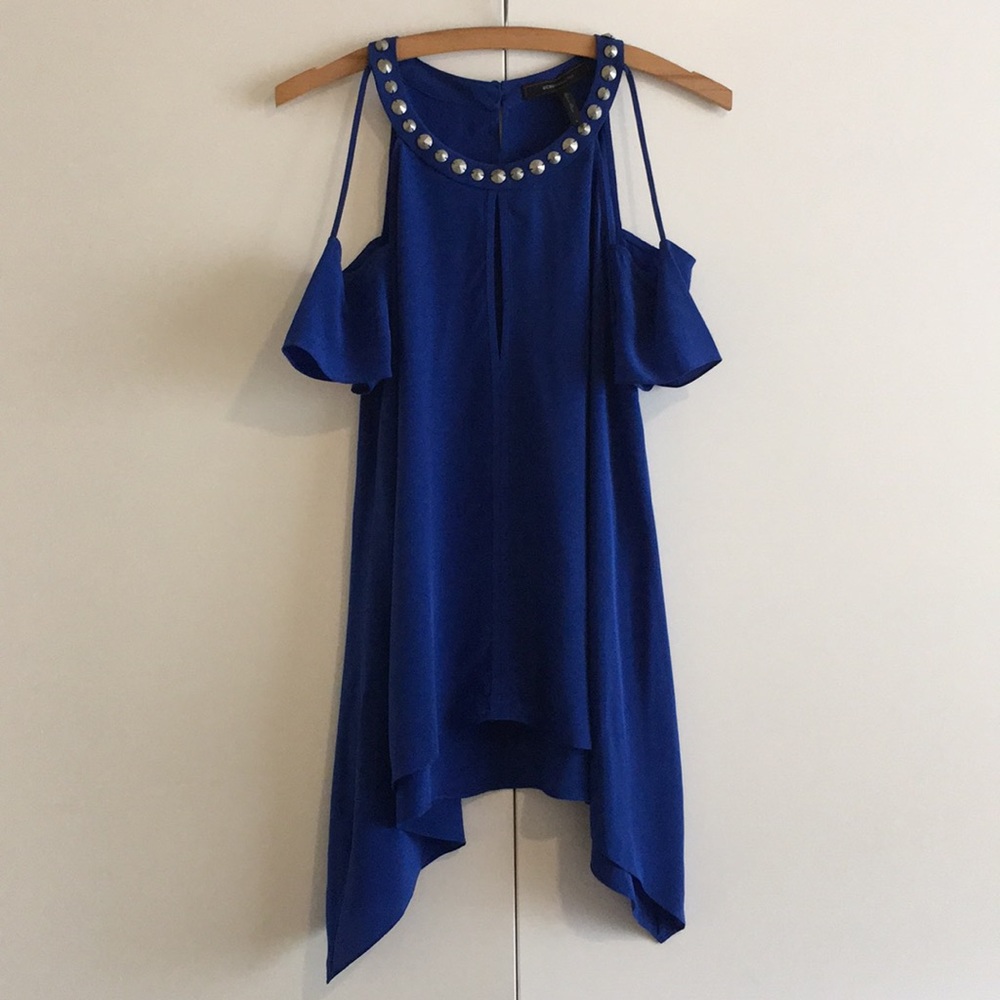BCBG Royal Blue Silk Studded Cold Shoulder Top Sm